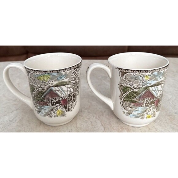 Vintage Johnson Bros The Friendly Village Covered Bridge Coffee Mugs Set of 2 - Picture 2 of 4